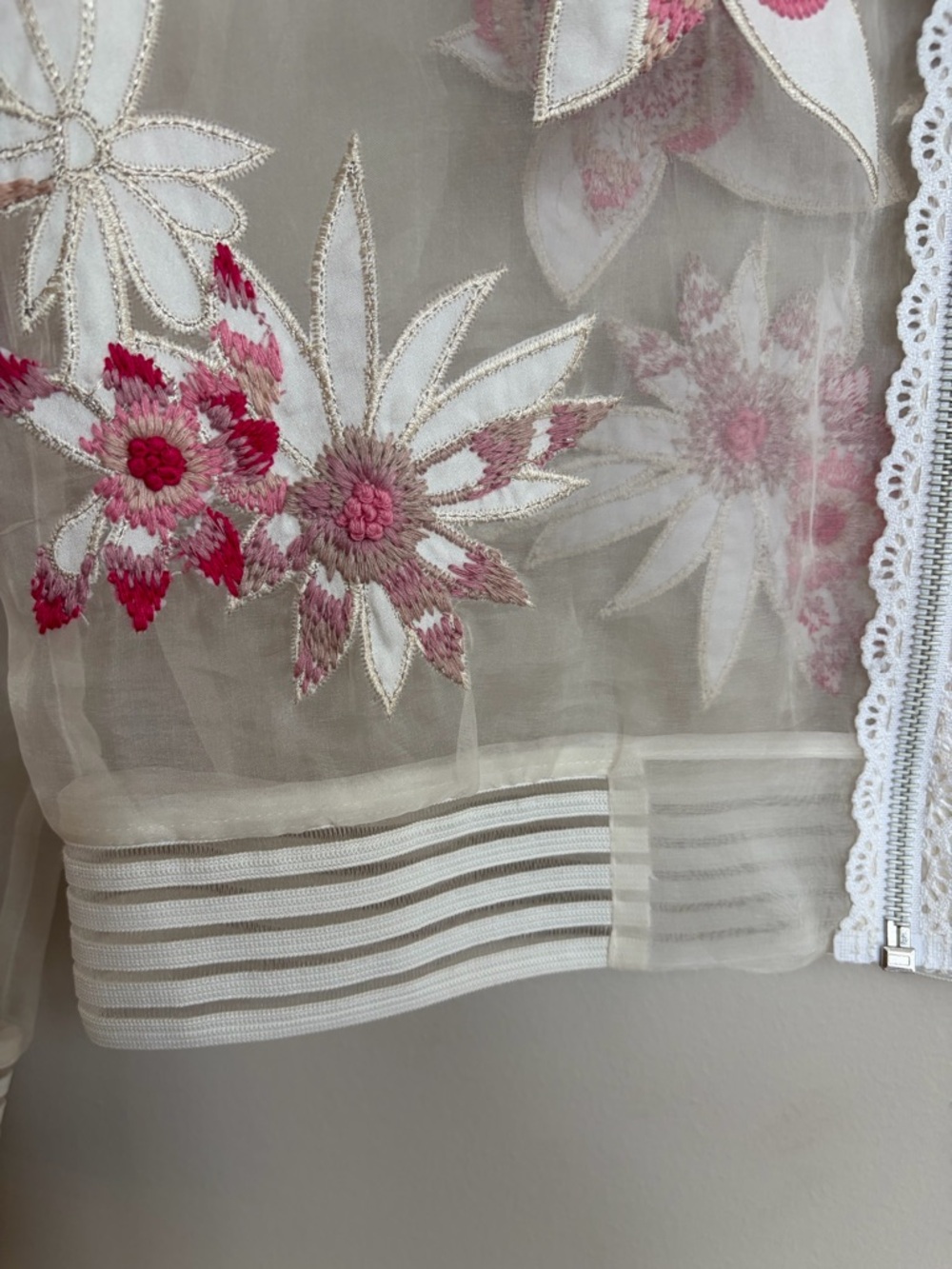 Elie Tahari Sheer Floral Embroidered Bomber Jacket - White & Pink - Picture 7 of 13